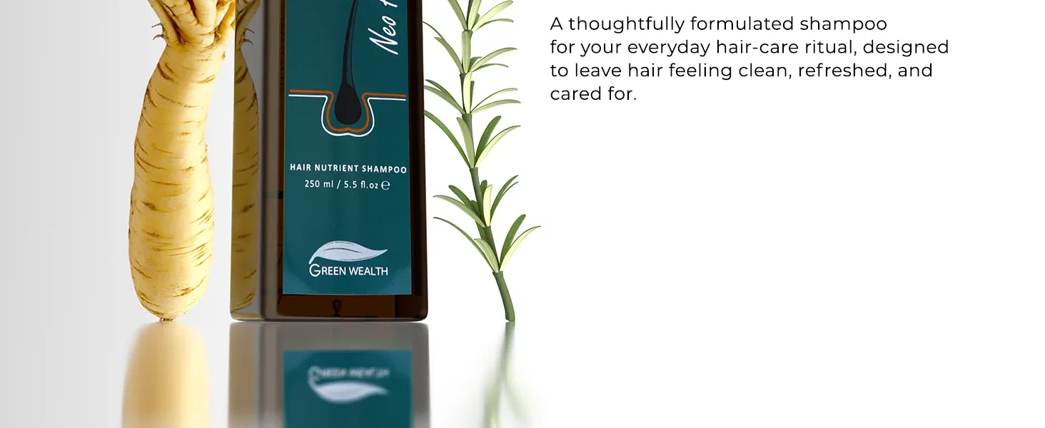 Neo Hair Shampoo bottle beside ginseng root and rosemary sprigs on a light backdrop Neo Hair Shampoo bottle beside ginseng root and rosemary sprigs on a light backdrop