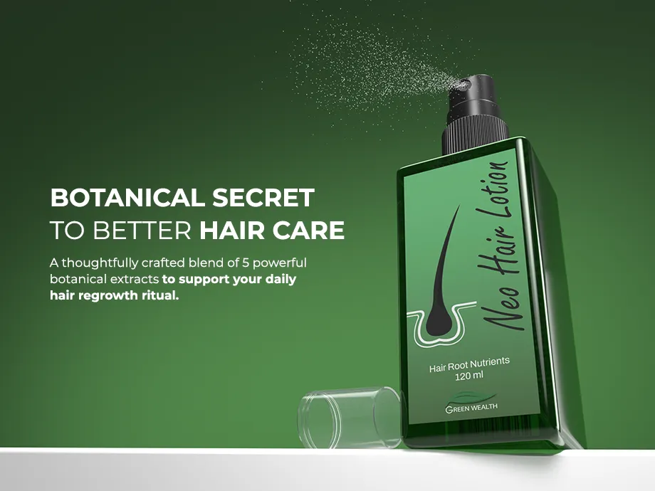 Neo Hair Lotion editorial banner — 120 ml botanical scalp treatment made in Thailand Neo Hair Lotion editorial banner — 120 ml botanical scalp treatment made in Thailand