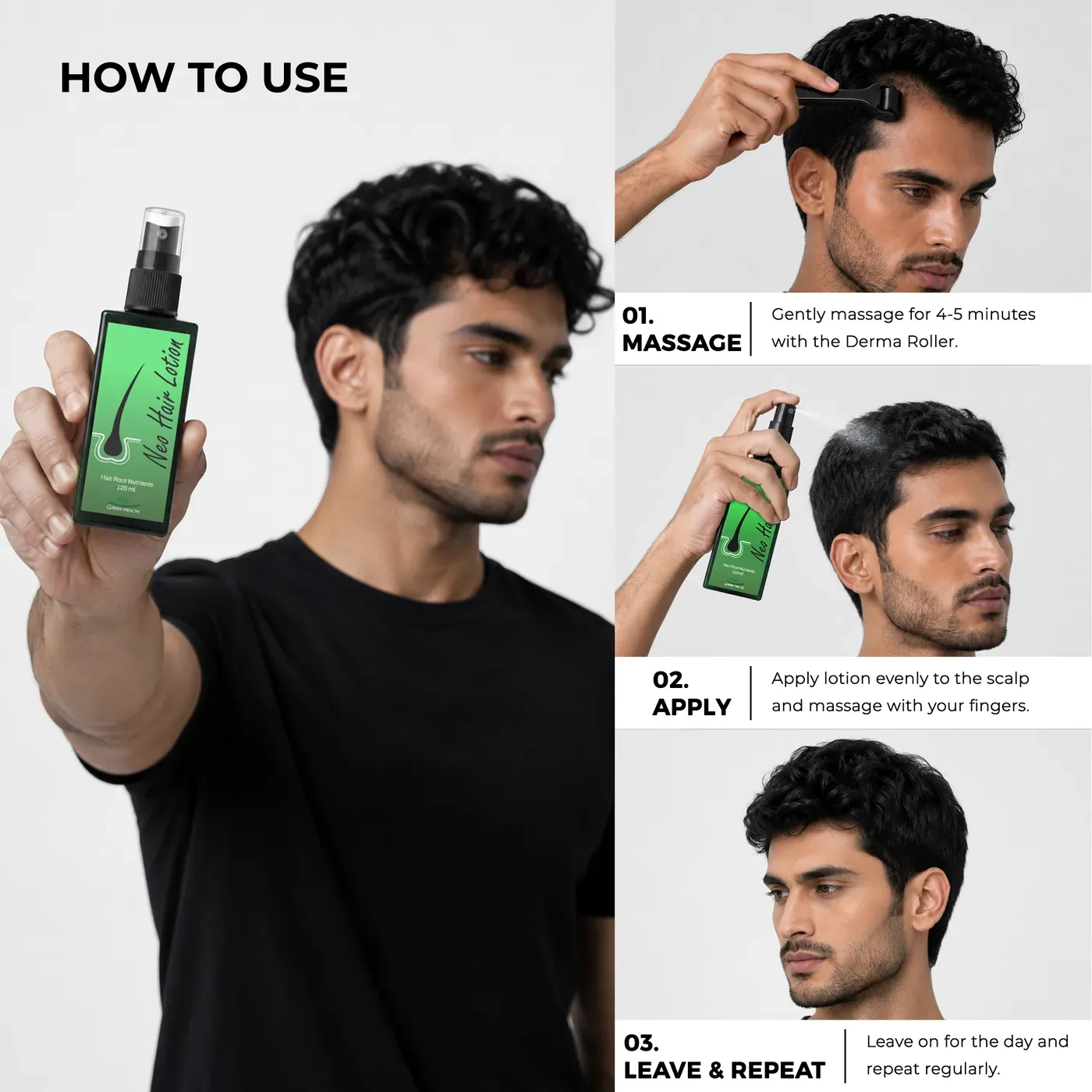 The Neo Hair impact — scalp macro shots at month one, two and three with 5 botanical actives and 94% customer satisfaction